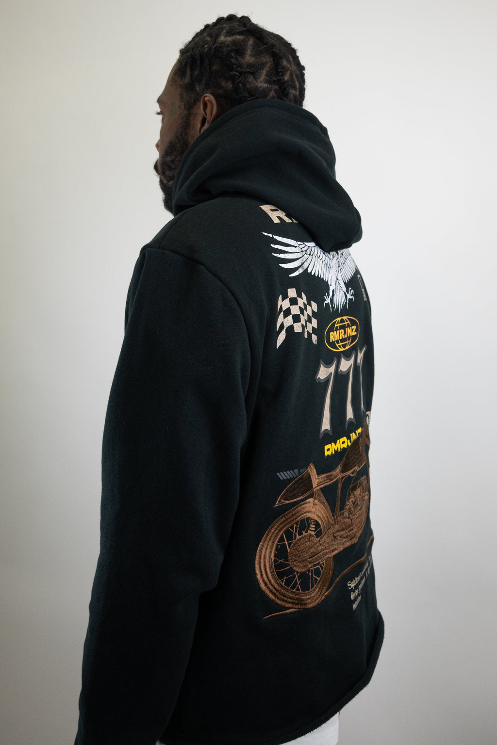 ARMOR JEANS RM1181C Moto Cropped Hoodie, black outerwear with a stylish cropped design and zip-up front, shown on a model.