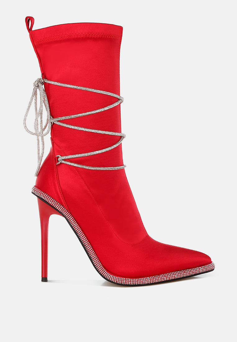 Red satin calf boots with rhinestone straps from London Rag's Dacia collection, stylish and eye-catching footwear.