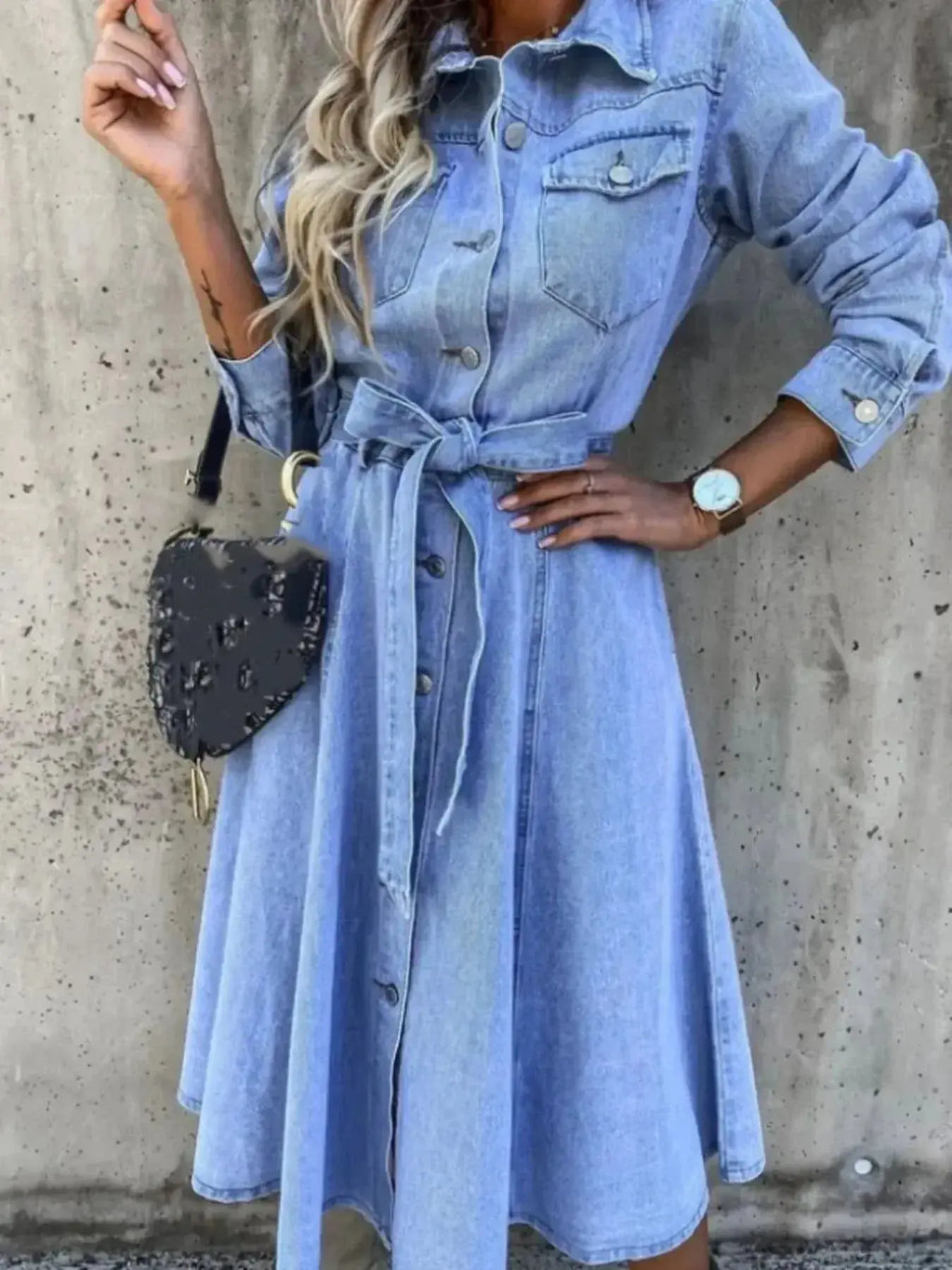 Women's denim shirt dress with button front and tie waist in a casual, stylish design from Gilded Glamour Shop.