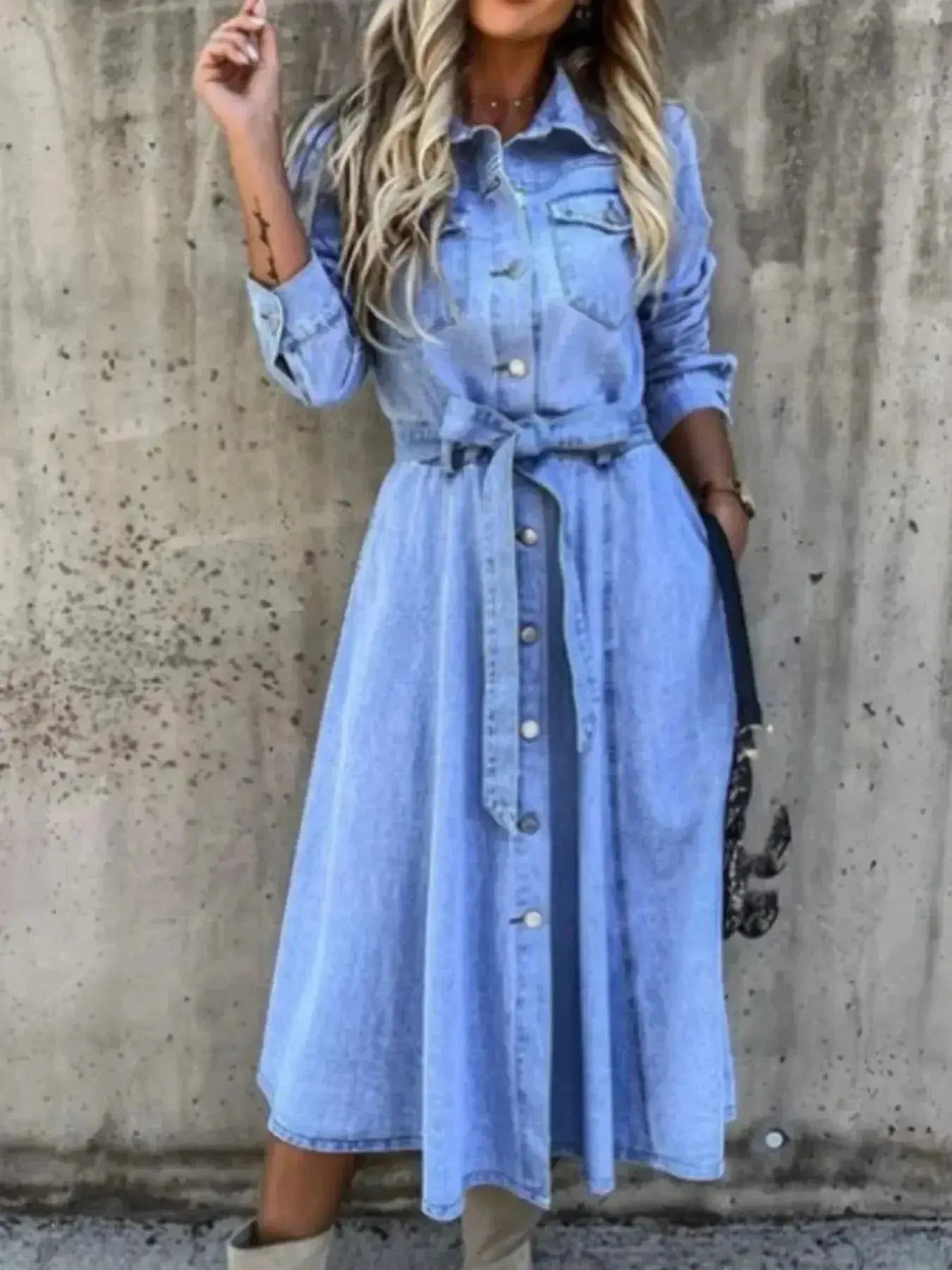Women's denim shirt dress with button front and tie waist, stylish Gilded Glamour Shop casual dress for warm weather.