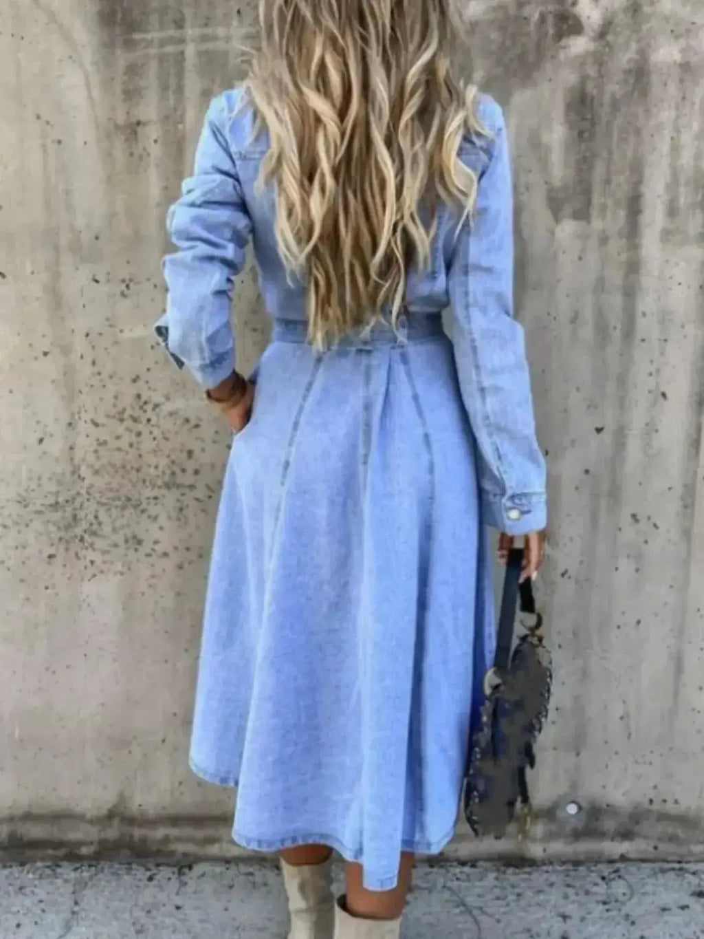 Women's denim shirt dress with button front and tie waist, stylish Gilded Glamour Shop casual summer dress.