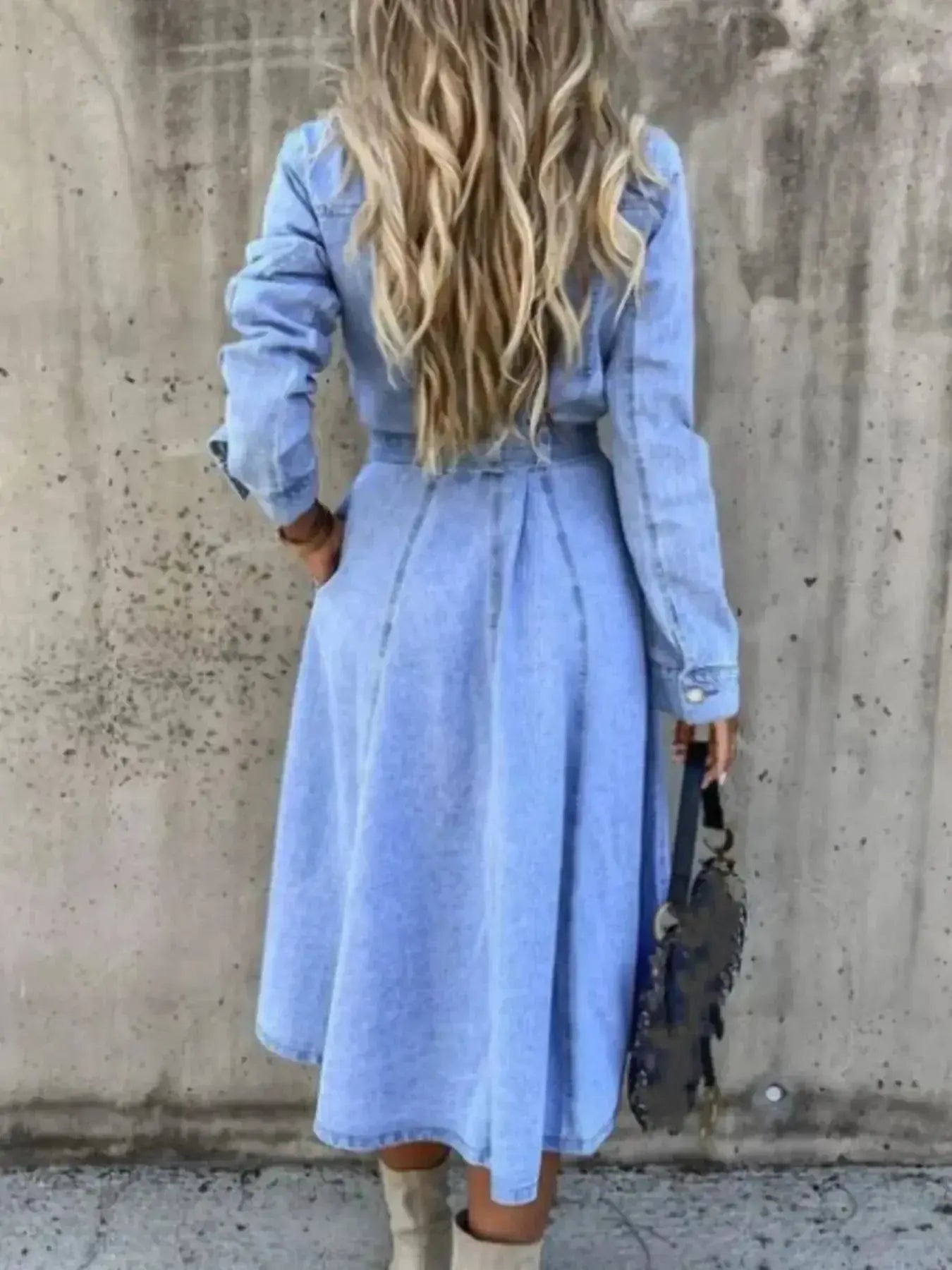 Women's denim shirt dress with button front and tie waist, stylish Gilded Glamour Shop casual summer dress.