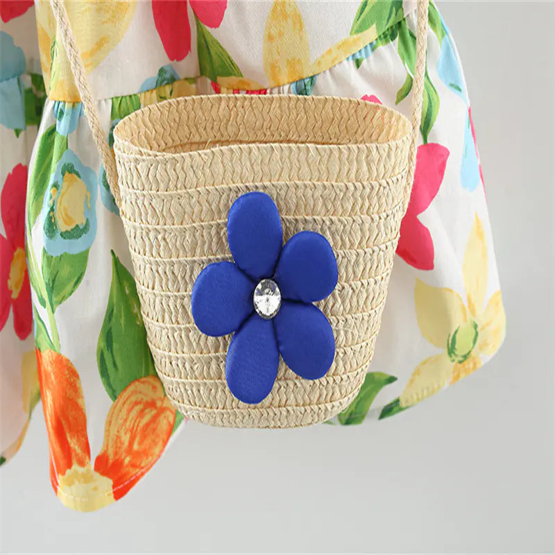 Girls' floral dress from Trendy Attic Store01 paired with a matching bag, featuring colorful flower patterns and a comfortable fit.