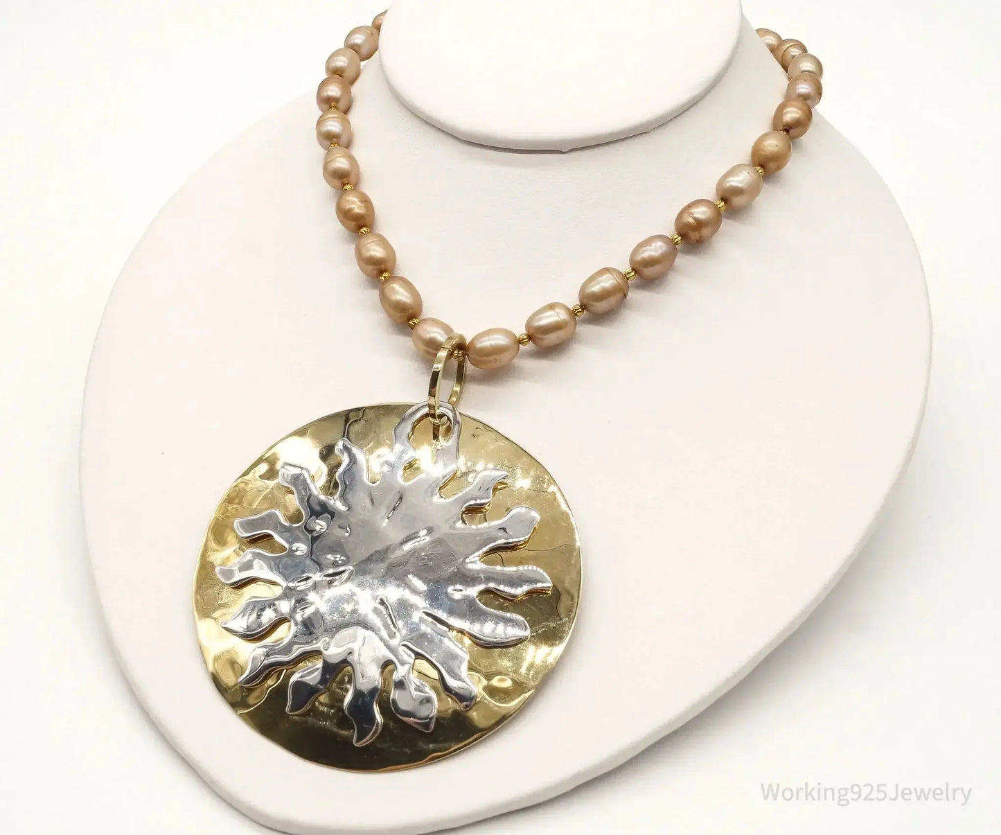 Designer RLM Studio Hammered Sun Pearl Bead Brass Sterling Silver Necklace - Plush Fashion Hub