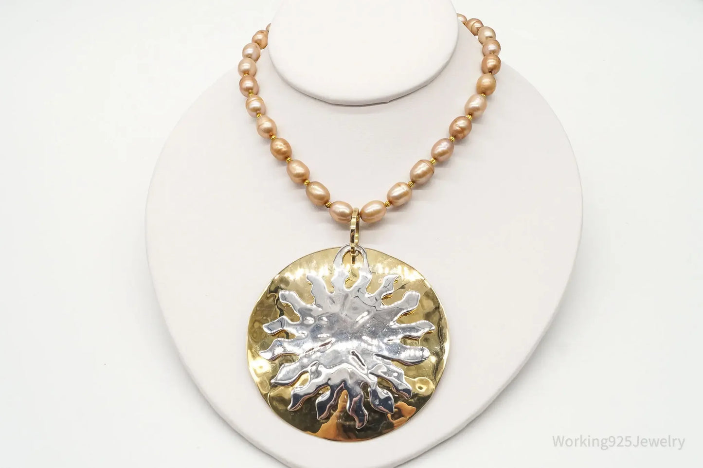 Designer RLM Studio Hammered Sun Pearl Bead Brass Sterling Silver Necklace - Plush Fashion Hub