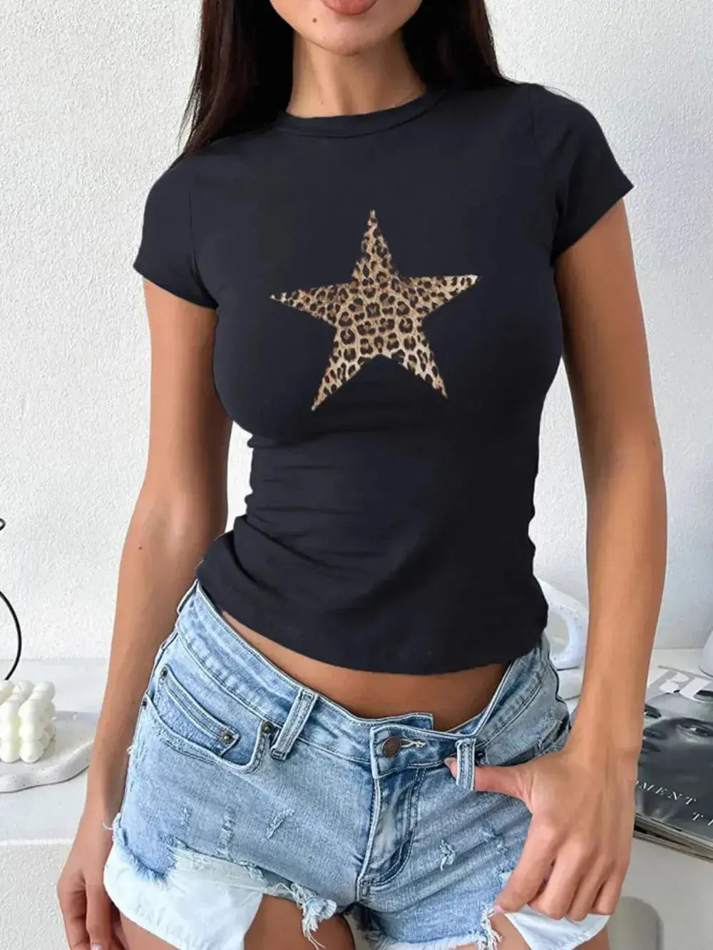 Women's round neck short sleeve T-shirt by Plush Fashion Hub in premium viscose stretch fabric, with a comfortable and stylish fit.