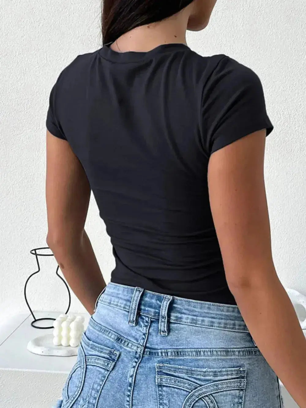 Women's essential round neck short sleeve T-shirt by Plush Fashion Hub in premium viscose stretch fabric, casual everyday wear.