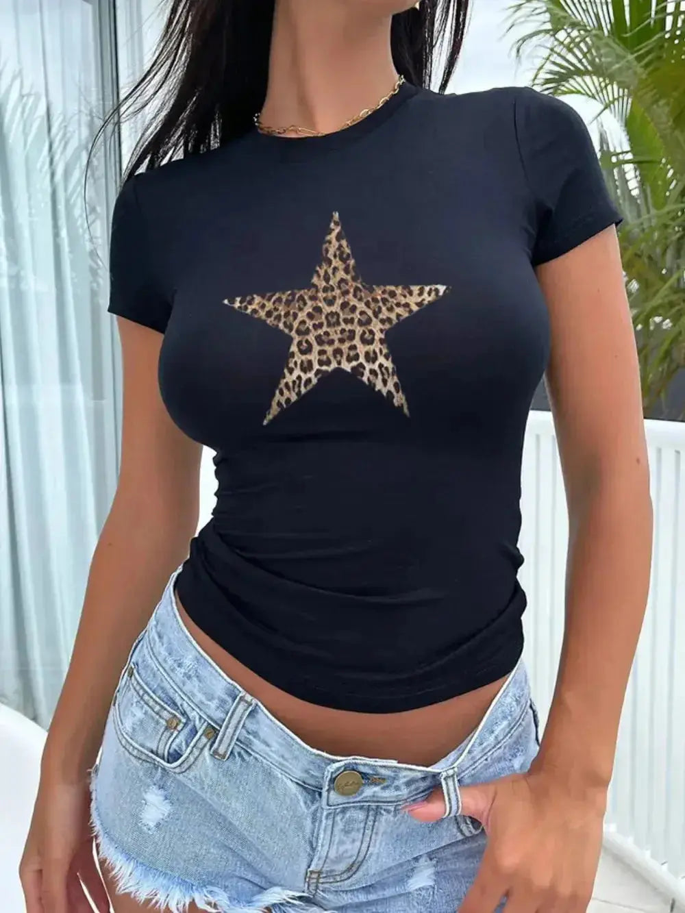 Women's round neck short sleeve T-shirt from Plush Fashion Hub in premium viscose stretch fabric, casual and comfortable fit.
