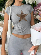 Women's round neck short sleeve T-shirt from Plush Fashion Hub in premium viscose stretch fabric, casual and comfortable fit.