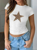 Women's round neck short sleeve T-shirt by Plush Fashion Hub in premium viscose stretch fabric, casual and comfortable fit.