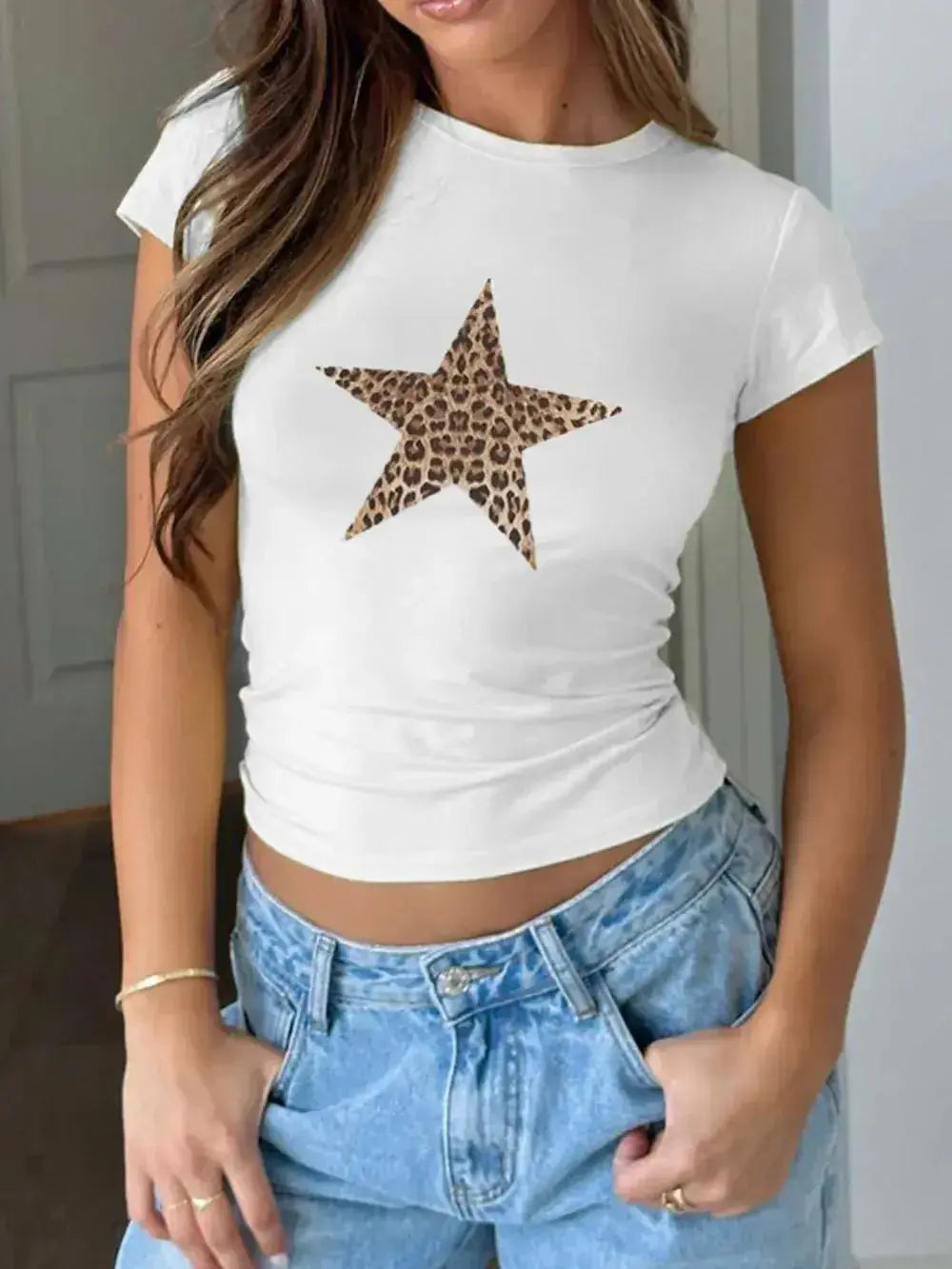 Women's round neck short sleeve T-shirt by Plush Fashion Hub in premium viscose stretch fabric, casual and comfortable fit.