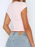Women's round neck short sleeve T-shirt by Plush Fashion Hub, premium viscose stretch fabric, casual and comfortable everyday tee.