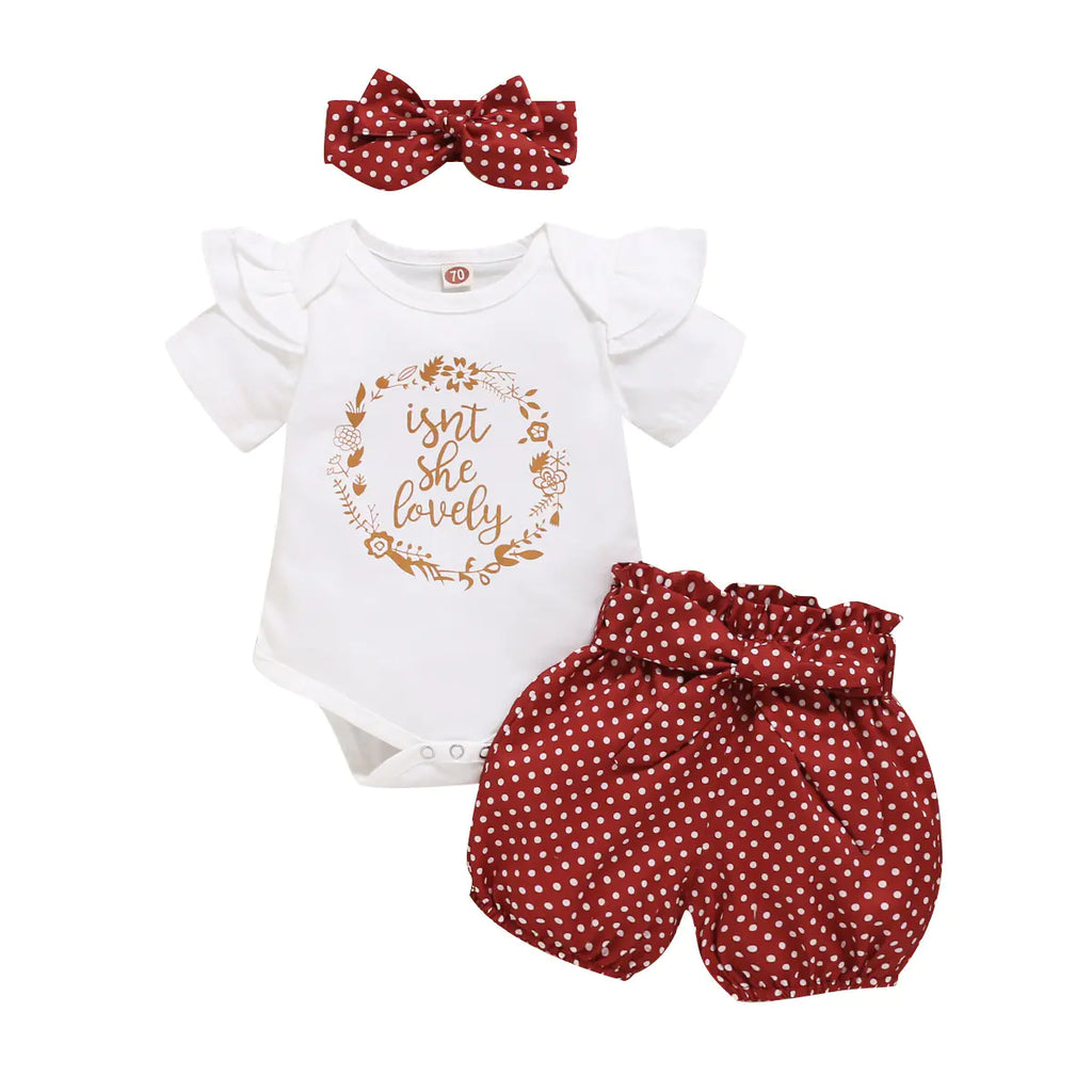 Infant girls' summer outfit featuring a letter bodysuit and matching shorts set from Trendy Attic Store01.