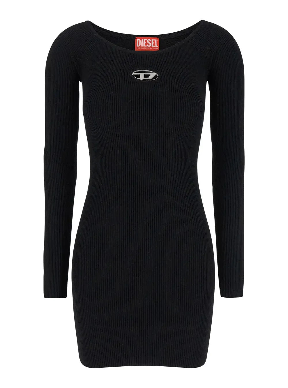 Diesel Women Black U Neck Dress With D-Logo In Ribbed Fabric Woman - Plush Fashion Hub