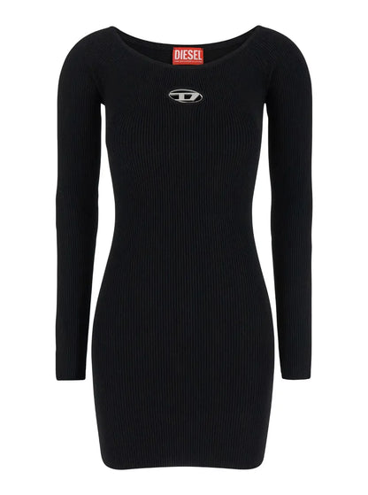 Diesel Women Black U Neck Dress With D-Logo In Ribbed Fabric Woman - Plush Fashion Hub