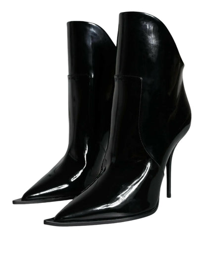Dolce & Gabbana Black Patent Leather Pointed Ankle Boots Shoes - Plush Fashion Hub