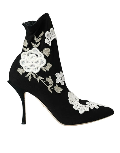 Dolce & Gabbana Black White Embroidery Slip On Boots Shoes - Plush Fashion Hub
