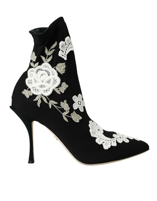 Dolce & Gabbana Black White Embroidery Slip On Boots Shoes - Plush Fashion Hub