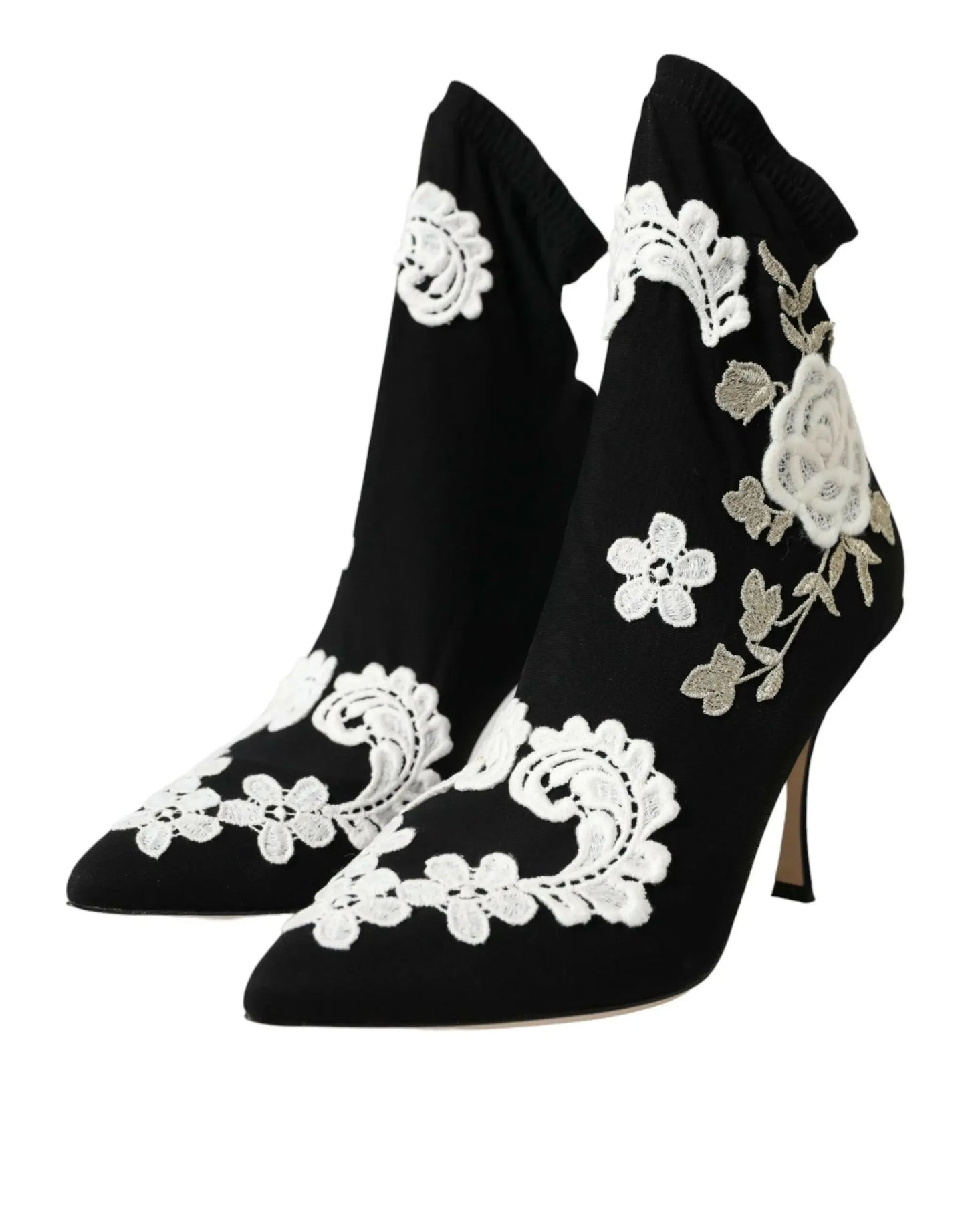 Dolce & Gabbana Black White Embroidery Slip On Boots Shoes - Plush Fashion Hub