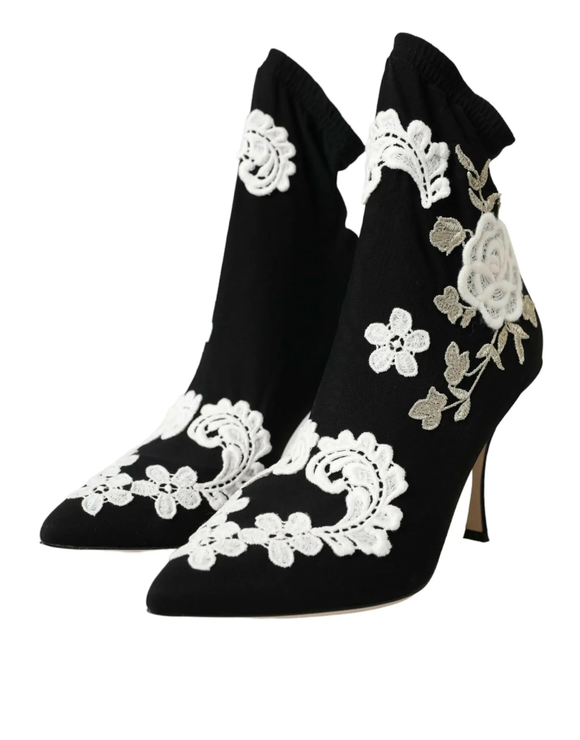 Dolce & Gabbana Black White Embroidery Slip On Boots Shoes - Plush Fashion Hub