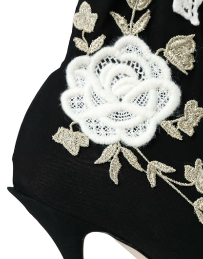 Dolce & Gabbana Black White Embroidery Slip On Boots Shoes - Plush Fashion Hub