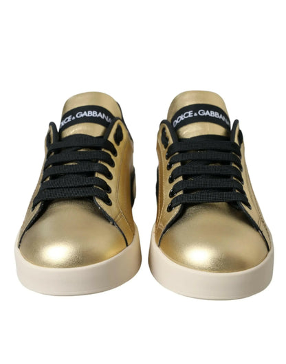 Dolce & Gabbana Gold Portofino Calf Leather Sneakers Women Shoes - Plush Fashion Hub