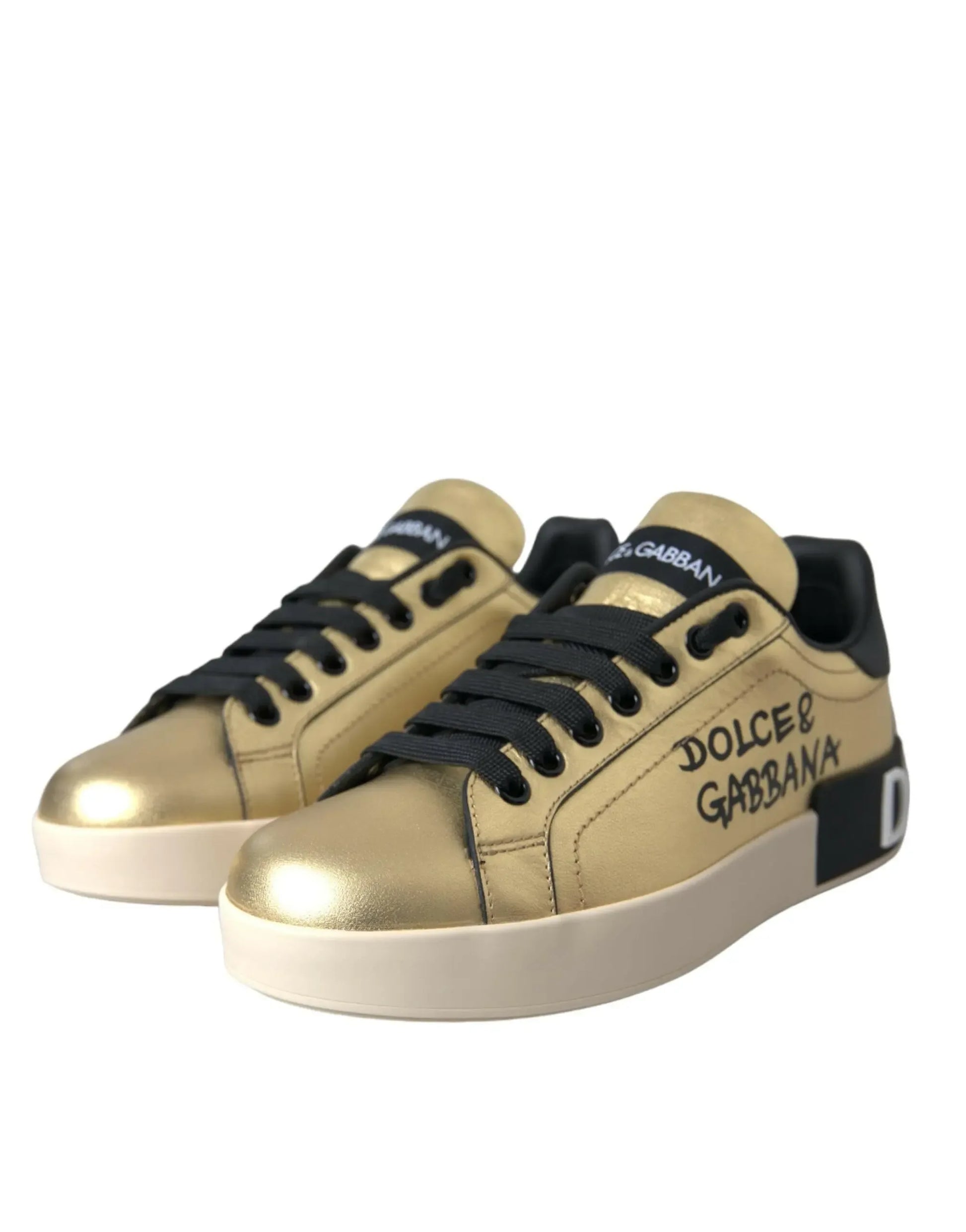 Dolce & Gabbana Gold Portofino Calf Leather Sneakers Women Shoes - Plush Fashion Hub