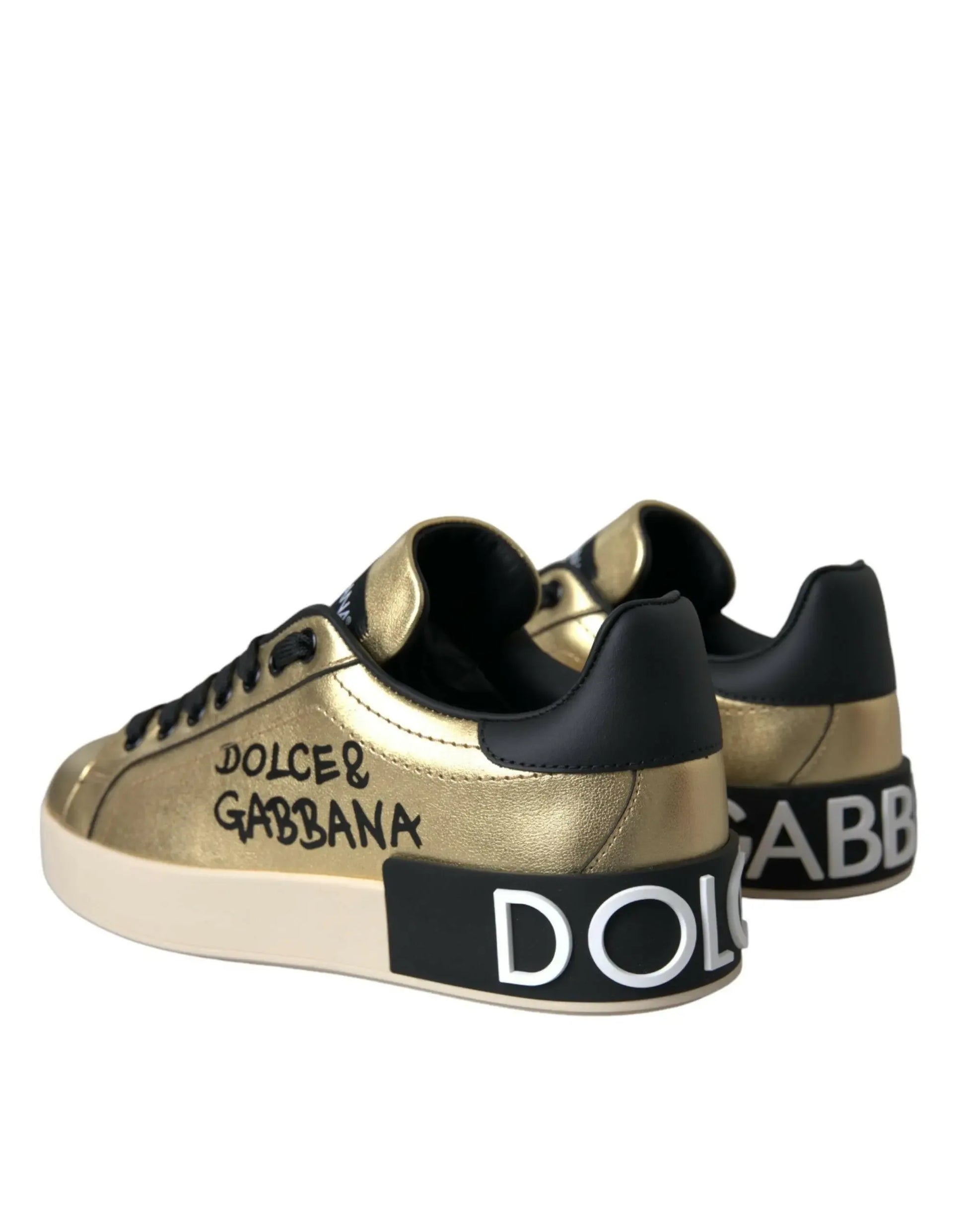 Dolce & Gabbana Gold Portofino Calf Leather Sneakers Women Shoes - Plush Fashion Hub