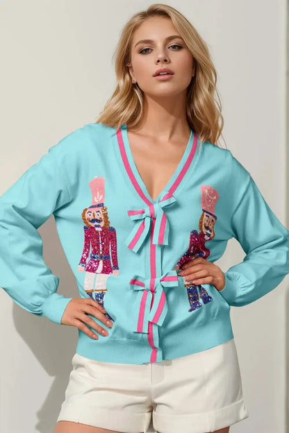 Double Take Full Size Nutcracker Sequin Bow Decor Cardigan - Plush Fashion Hub