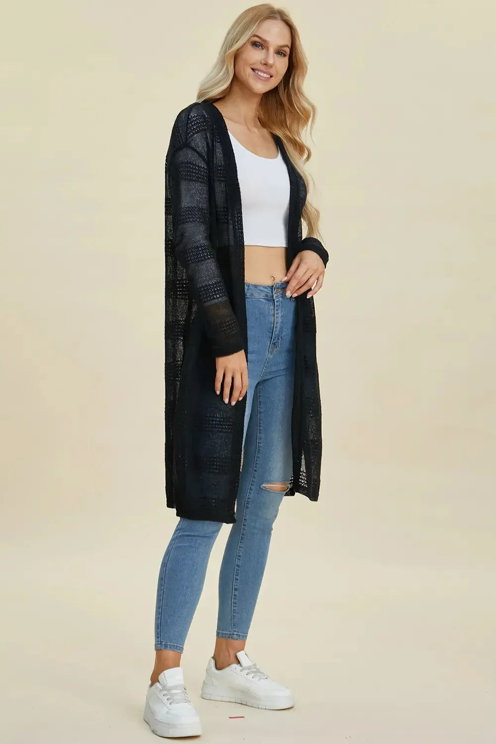 Double Take Full Size Open Front Longline Cardigan - Plush Fashion Hub