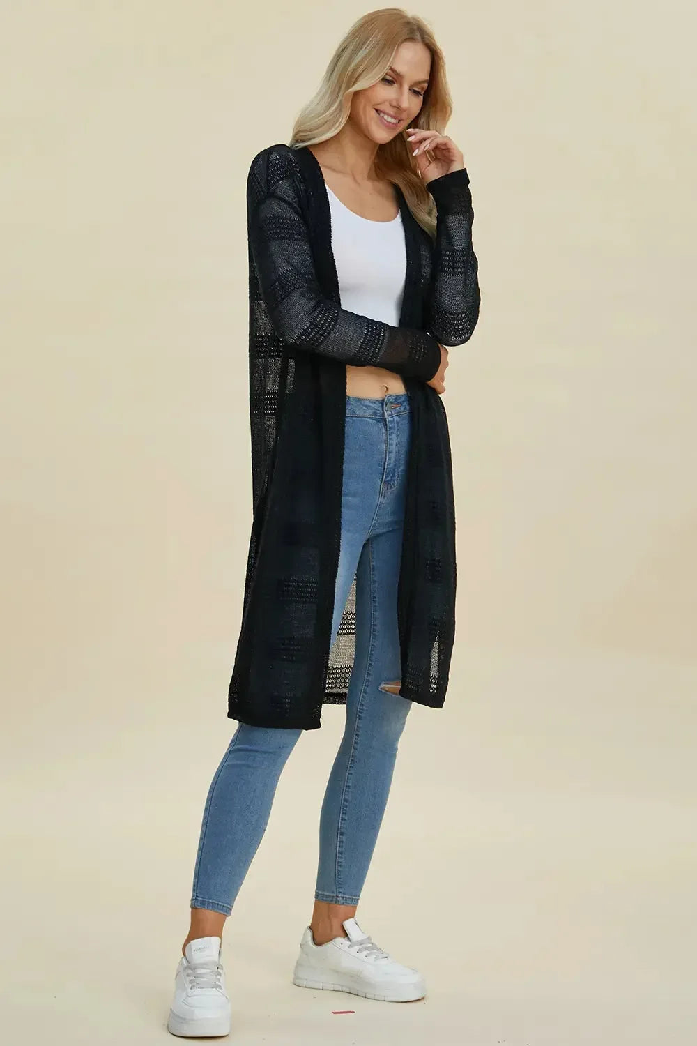 Double Take Full Size Open Front Longline Cardigan - Plush Fashion Hub