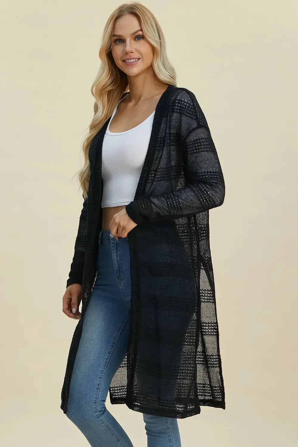 Double Take Full Size Open Front Longline Cardigan - Plush Fashion Hub