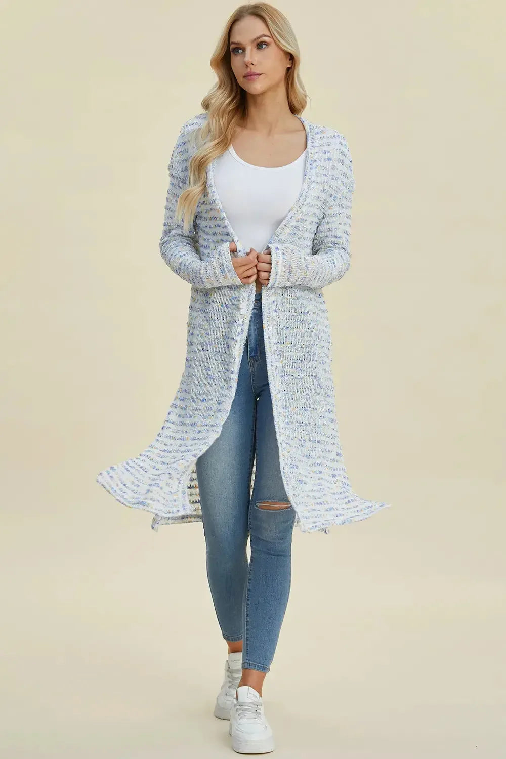 Double Take Full Size Open Front Longline Cardigan - Plush Fashion Hub