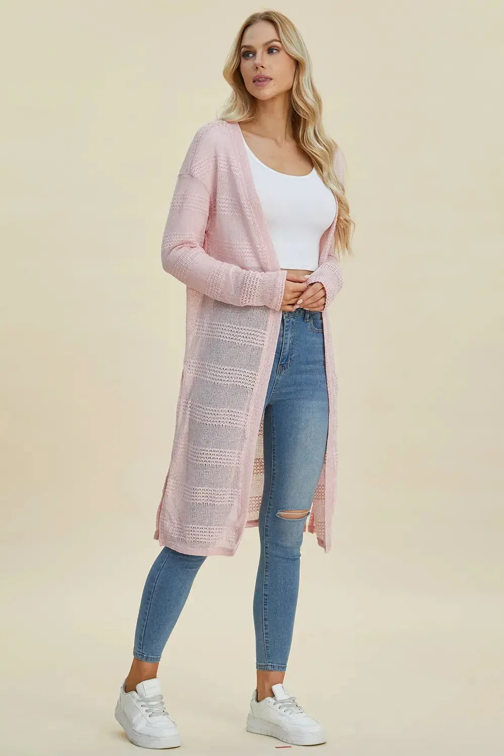 Double Take Full Size Open Front Longline Cardigan - Plush Fashion Hub