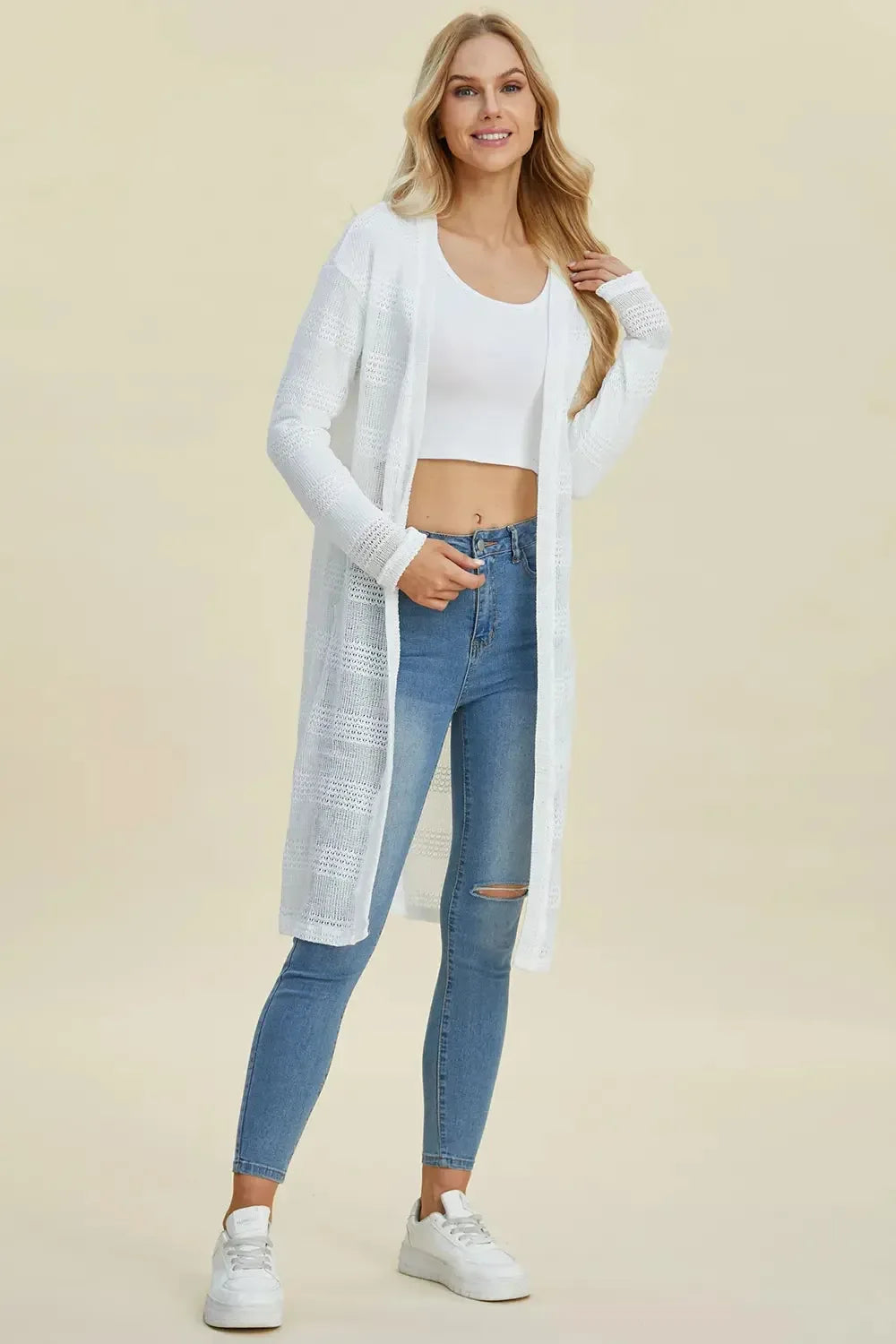 Double Take Full Size Open Front Longline Cardigan - Plush Fashion Hub