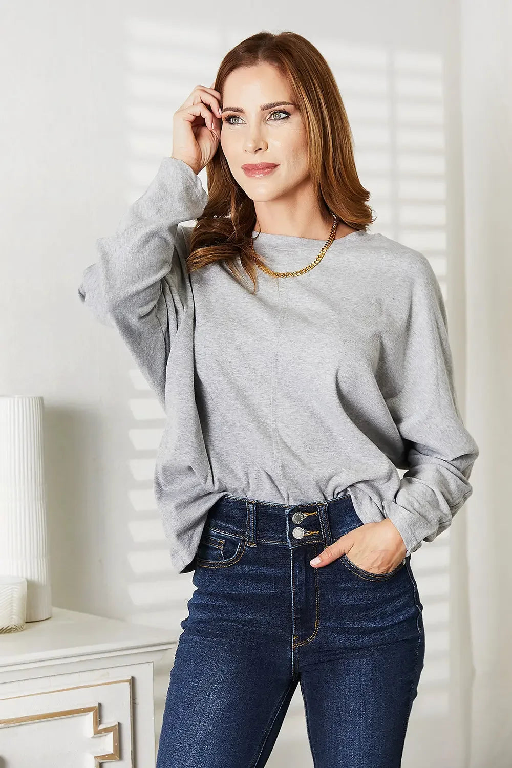 Double Take Seam Detail Round Neck Long Sleeve Top - Plush Fashion Hub