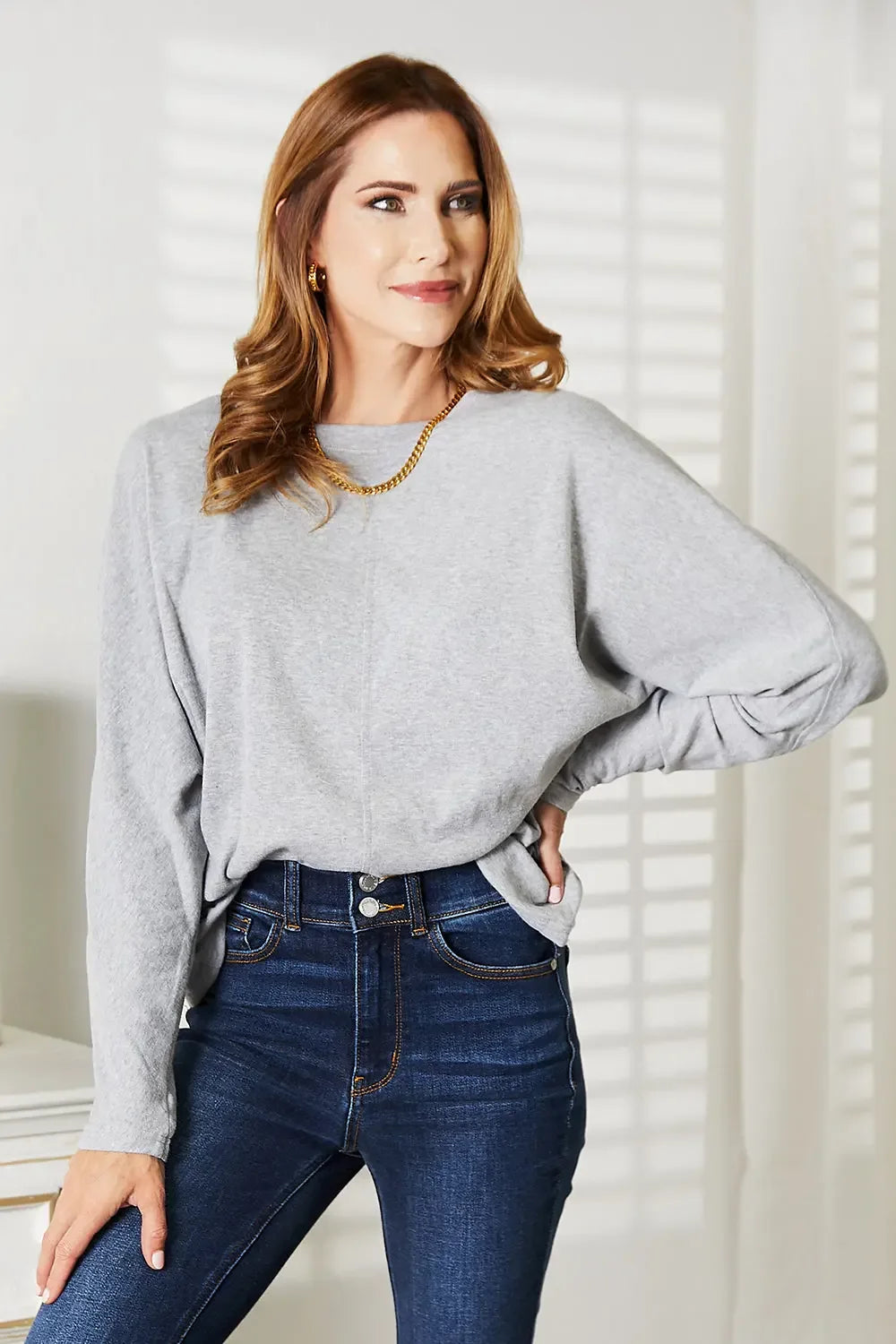 Double Take Seam Detail Round Neck Long Sleeve Top - Plush Fashion Hub