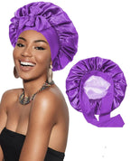 Double-layer satin ribbon hair bonnet by Plush Fashion Hub, round sleep cap designed for hair protection and styling.