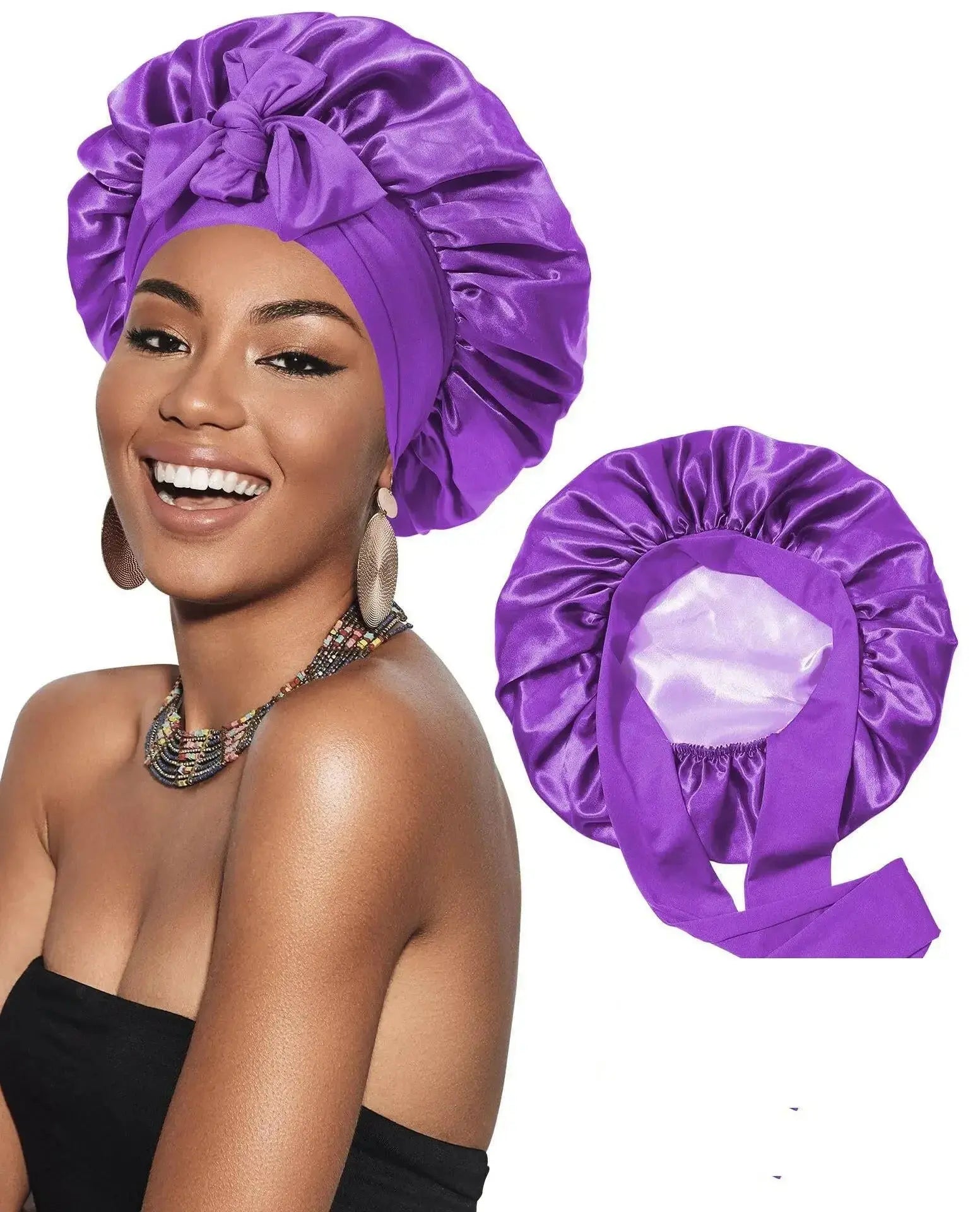 Double-layer satin ribbon hair bonnet by Plush Fashion Hub, round sleep cap designed for hair protection and styling.