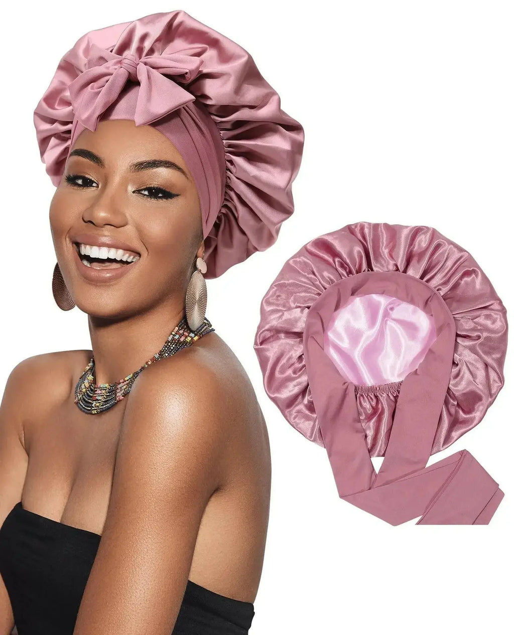 Double-layer satin ribbon hair bonnet by Plush Fashion Hub, round sleep cap with a bow, designed for hair protection during sleep.