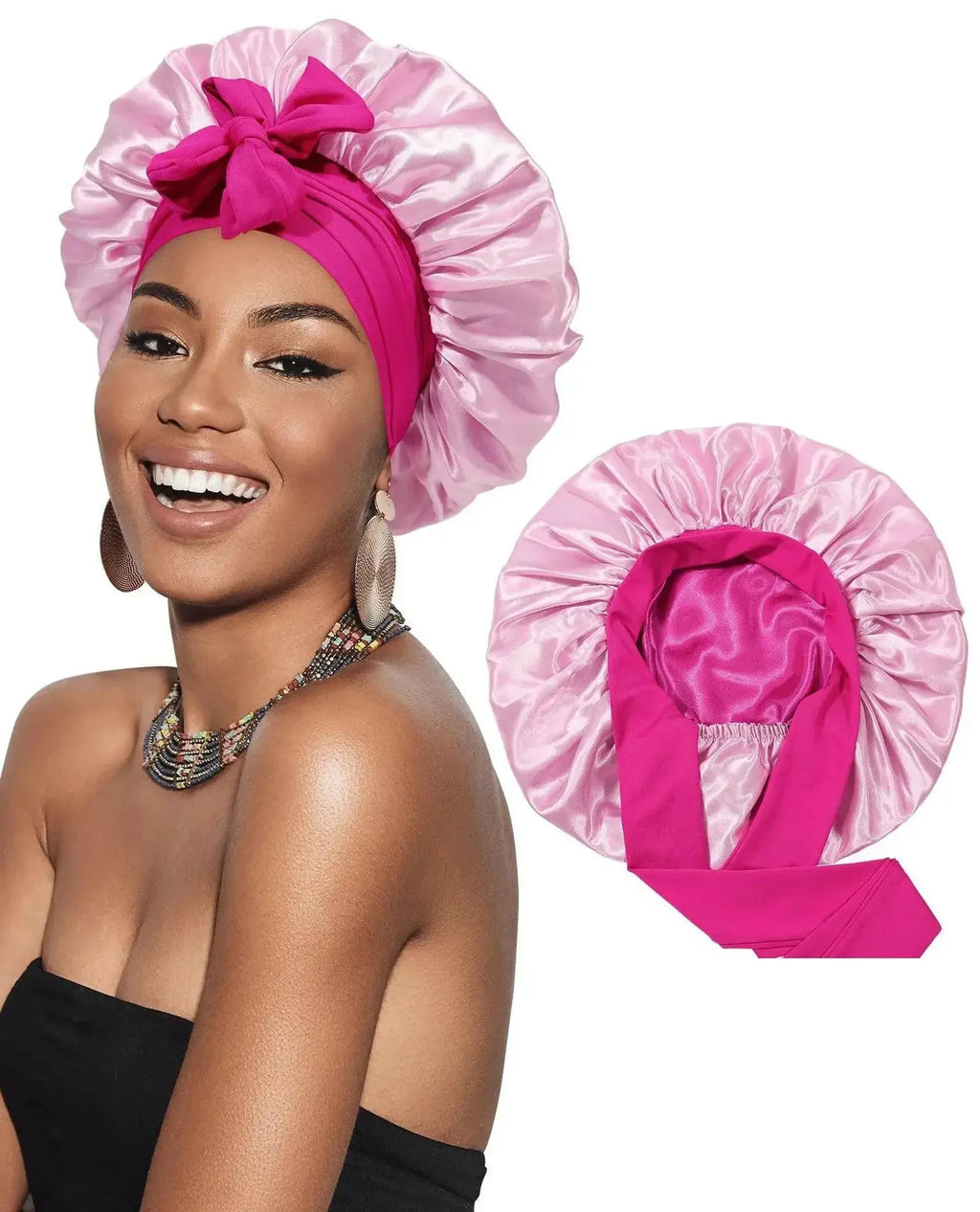 Double-layer satin ribbon hair bonnet by Plush Fashion Hub, round sleep cap designed for hair protection and gentle hair care.
