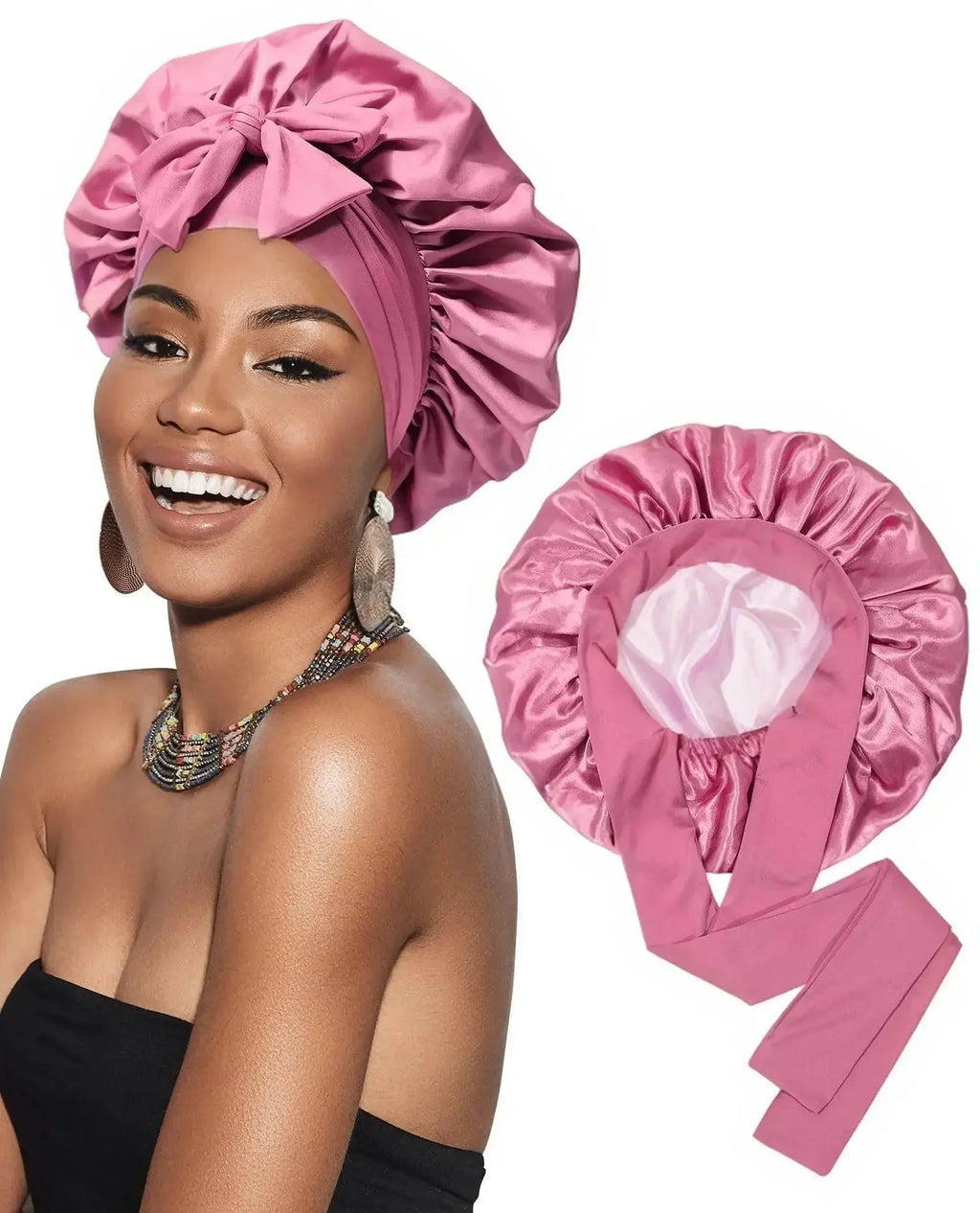 Double-layer satin ribbon hair bonnet by Plush Fashion Hub, round sleep cap for hair protection and gentle hair care.