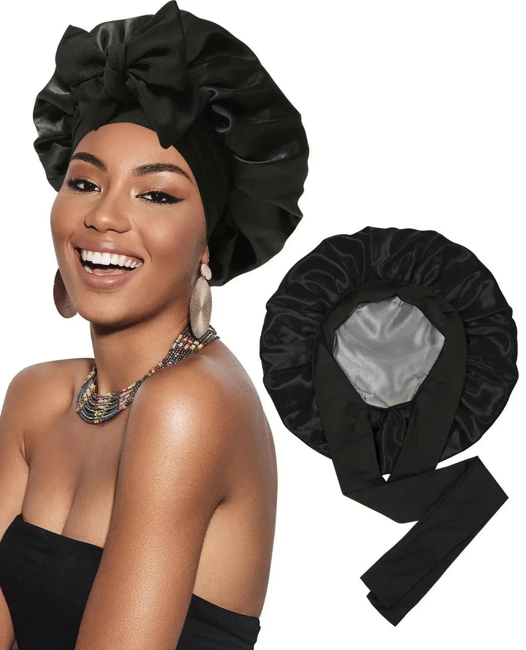 Double-layer satin ribbon hair bonnet from Plush Fashion Hub, designed for hair protection and sleep comfort.
