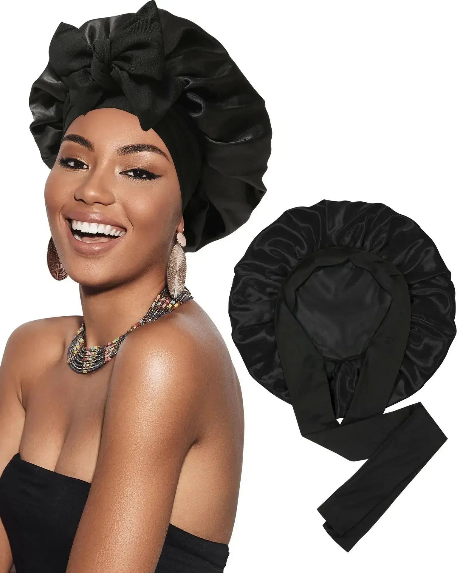 Double-layer satin ribbon hair bonnet by Plush Fashion Hub, round sleep cap with bow for hair protection and gentle sleep wear.