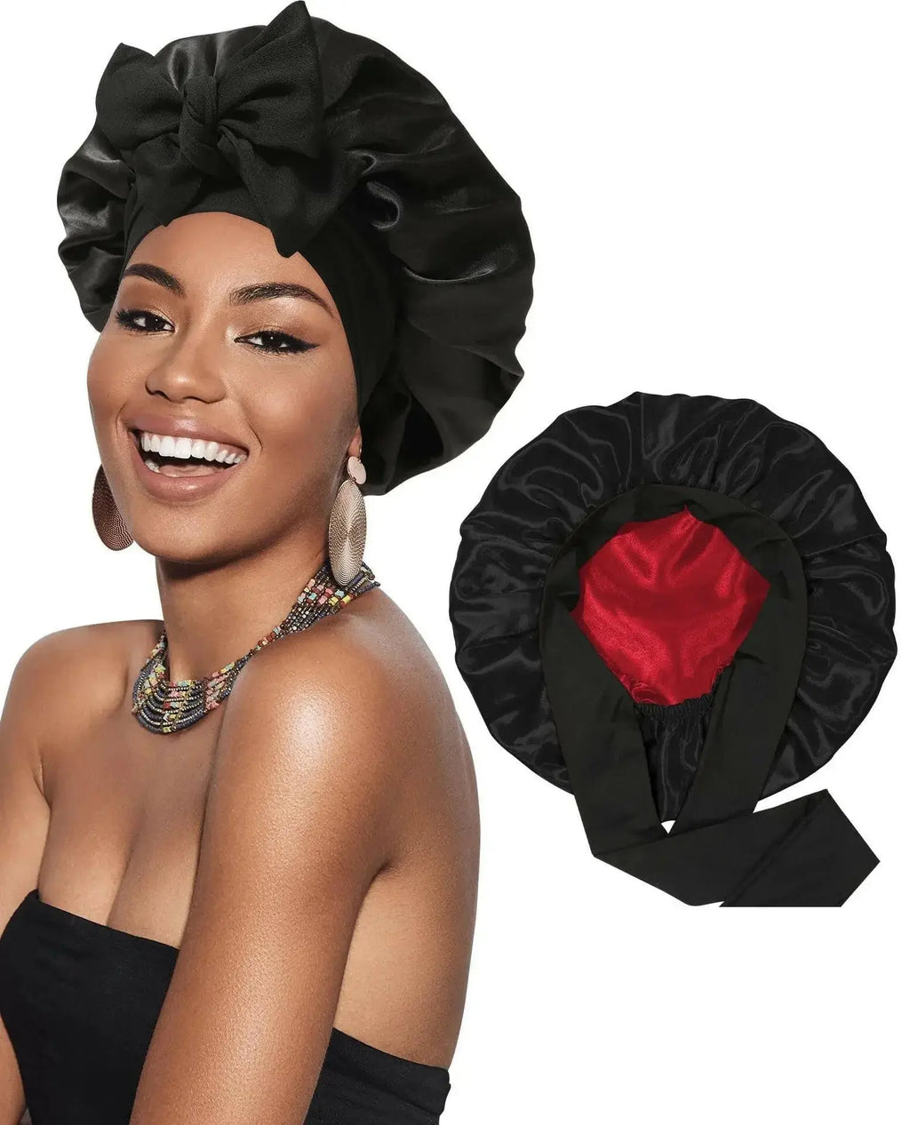 Double-layer satin ribbon hair bonnet by Plush Fashion Hub, round sleep cap for hair protection and gentle hair care.