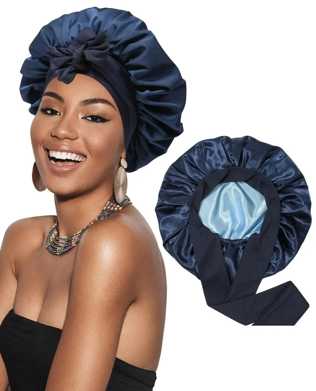 Double-layer satin ribbon hair bonnet from Plush Fashion Hub, designed for hair protection and sleep comfort.