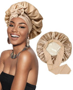 Double-layer satin hair bonnet with ribbon bow for hair protection, soft and comfortable sleep cap by Plush Fashion Hub.