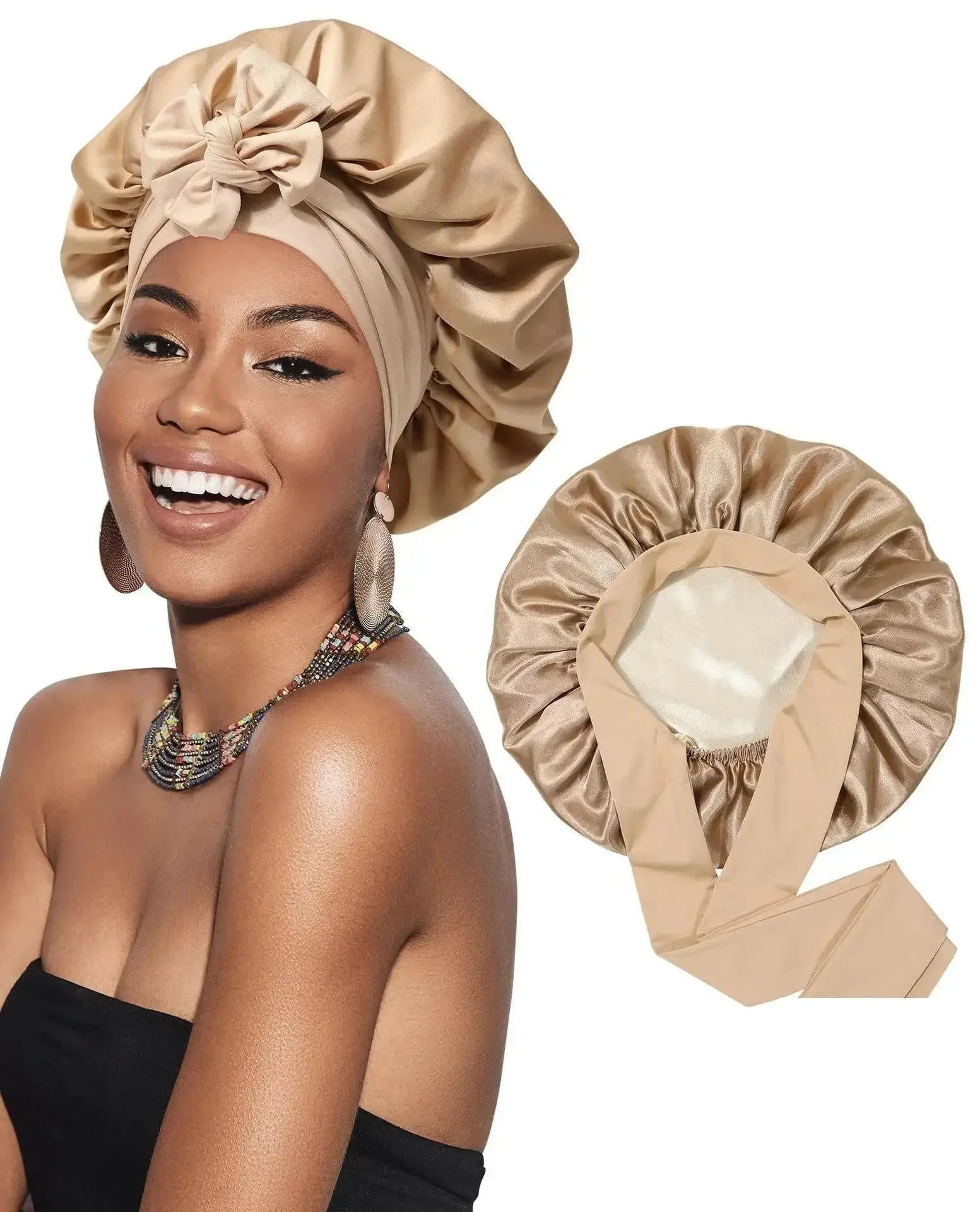 Double-layer satin hair bonnet with ribbon bow for hair protection, soft and comfortable sleep cap by Plush Fashion Hub.