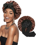 Double-layer satin ribbon hair bonnet by Plush Fashion Hub, a protective sleep cap with a bow for gentle hair care.