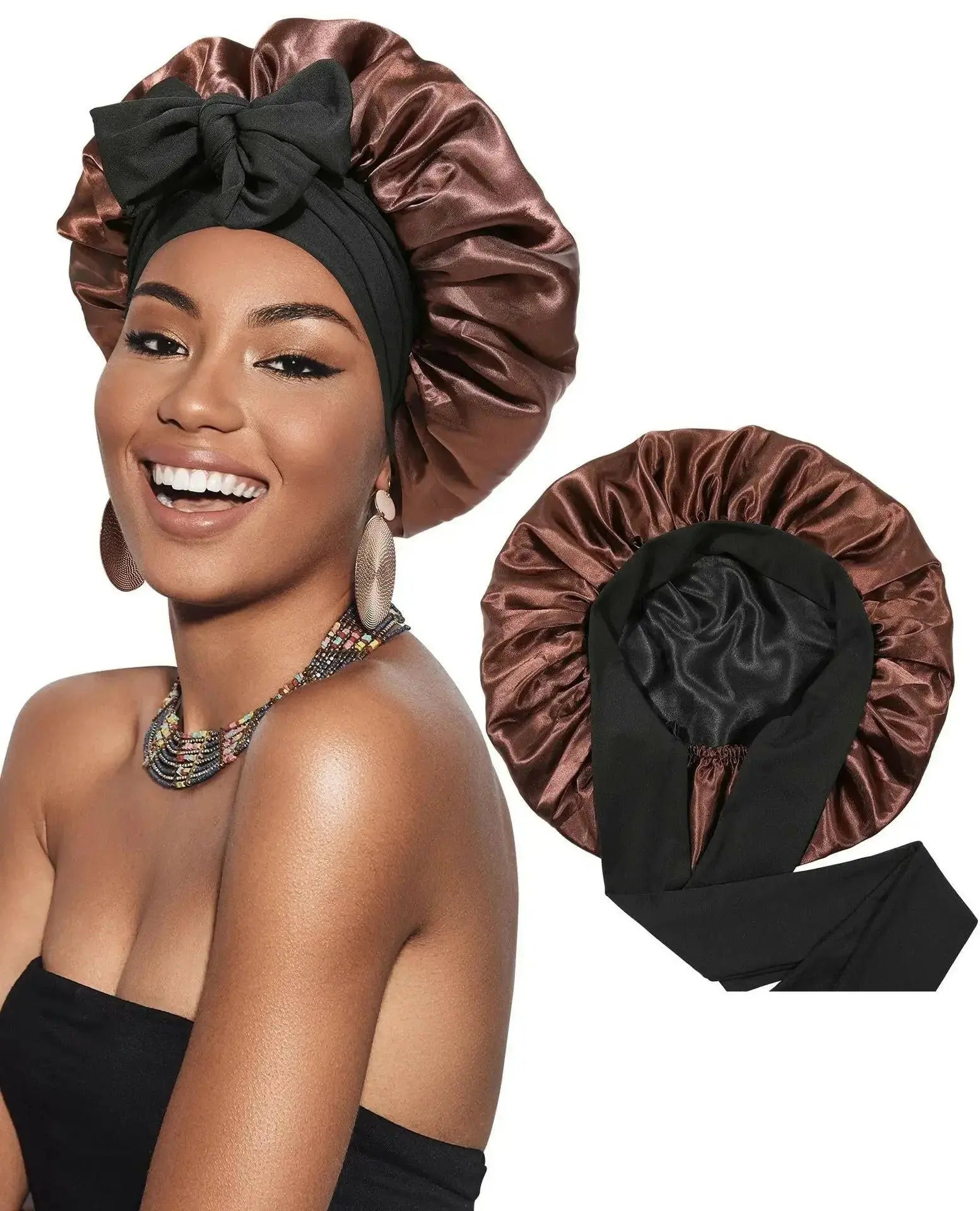 Double-layer satin ribbon hair bonnet by Plush Fashion Hub, a protective sleep cap with a bow for gentle hair care.